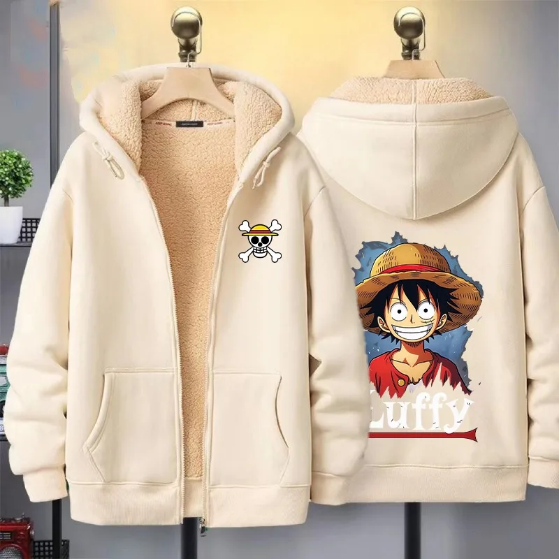 

One Piece Adult Lamb Wool Jacket Boy Cartoon Anime Zipper Sweatshirt Tops Men Trendy Fashion Baseball Uniform Clothes Coat Gifts