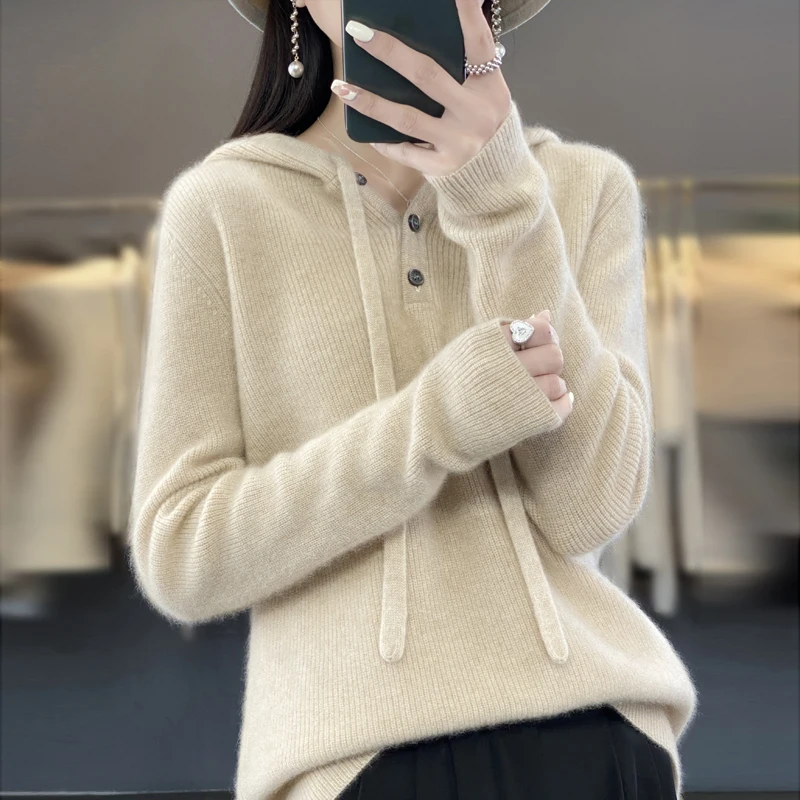 100% Wool Soft Sweater Women\'s Autumn Winter Long-sleeved Hooded Collar Pullover Solid Loose Thick Bottoming Warm Shirt Top