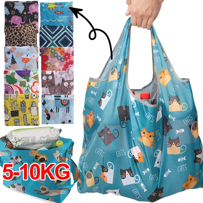 Fashion Printing Foldable Eco-Friendly Shopping Bag Tote Folding Pouch Handbags Convenient Large-capacity for Travel Grocery Bag