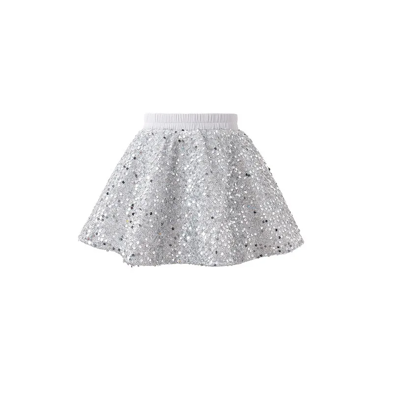 Girls Dazzling Wave Pattern Sequin A-line Umbrella Skirt Little Girls Half Skirt Silver Sequin Short Skirt Pants