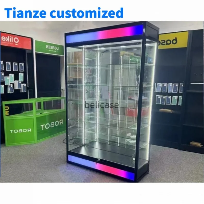 (customized)Store Display Cabinets with RGB Light Aluminum Frame Display Adjustable Shelves Glass Showcases Smo