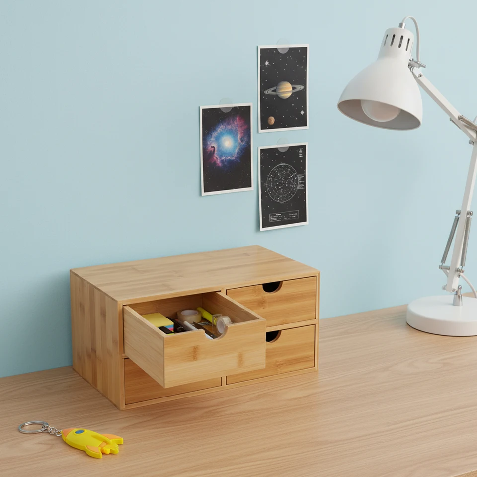 Organizador de escritorio de bambú ecológico, caja de almacenamiento de 4 niveles con acabado suave, unidad de cajones que ahorra espacio para papelería, cosméticos, documentos 2