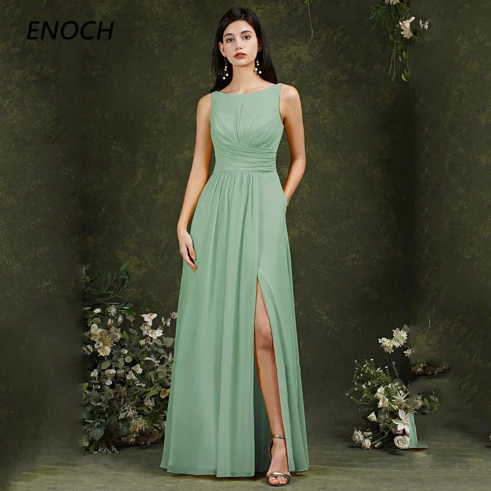 

ENOCH Side Slit Simple Bridesmaid Dresses O-Neck Sleeveless Backless Zipper Chiffon Wedding Party Gowns فساتين مناسبة رسمية New