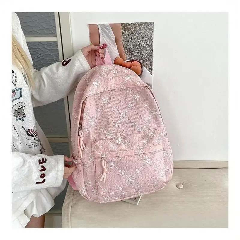 Nylon-Rucksack mit süßem Schleifenmuster, großes Fassungsvermögen, leicht, mehrere Taschen, Schultasche, lässiger Alltagsrucksack für Studenten und Pendler – Detail 16