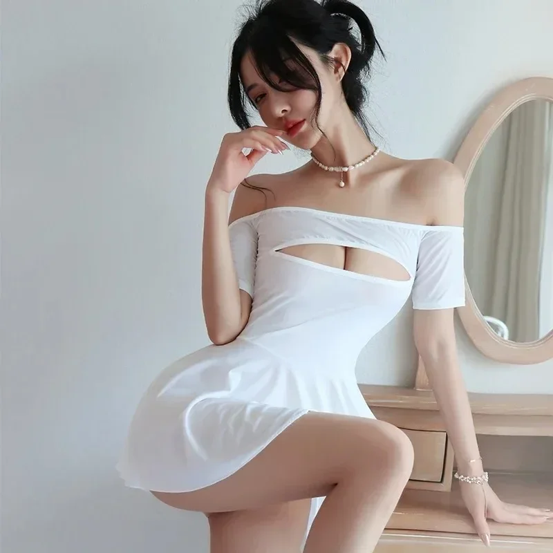 فستان قصير صغير شفاف شفاف من خلال الجوف خارج مثير الحرير الجليد ألف خط مطوي منخفضة الارتفاع الخصر تكدرت ملابس للنادي أدوات جنسية لفتاة #2