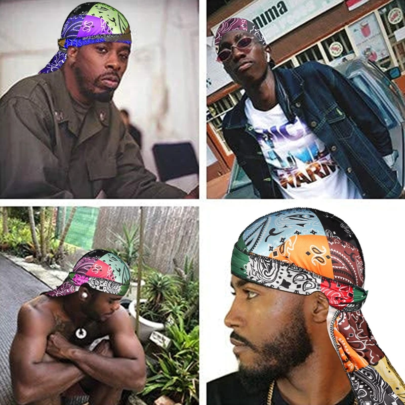 Unisex Imitation Silk Colorful Durags Bandana Turban Hat Men Women Breathable Long Tail Pirate Hats Cap Hip Hop Headband