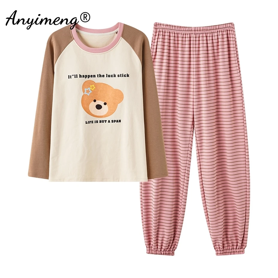 Lovely Wink Bear Women Pajamas Sets Spring New Faux Cotton Pijamas Casual Long Sleeves Female Pyjamas Leisure Sleepwear for Girl