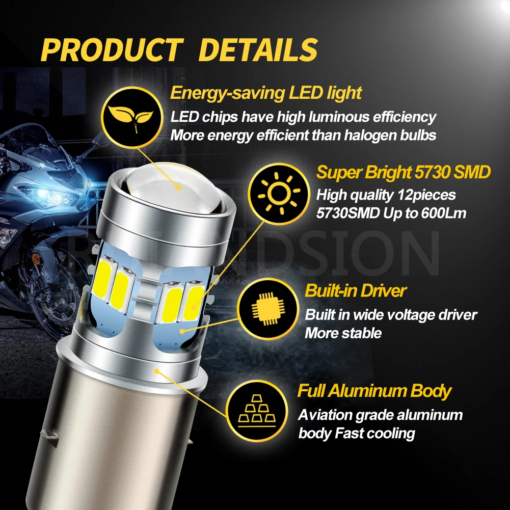 RUIANDSION 2x Plug&Play BA20D LED Motorcycle Headlight AC/DC 6V 6000K White HD Spotlight Lens Lamp H6 LED Bulb for Moped Scooter