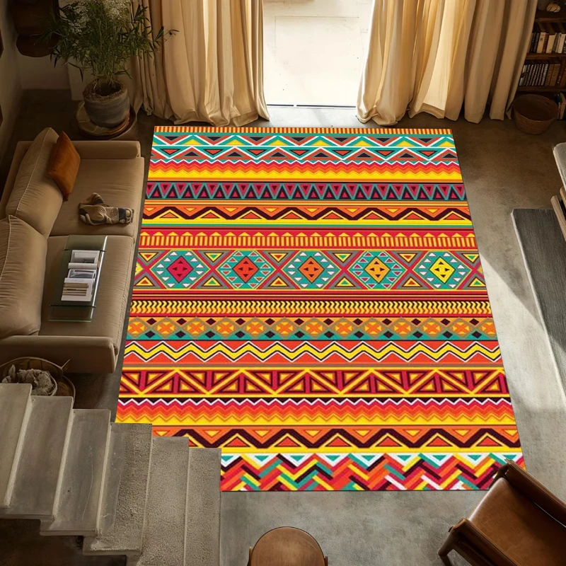 Colorful Aztec Geometric Non-Slip Area Rug, Tribal Pattern Carpet for Boho and Rustic Home Furnishing