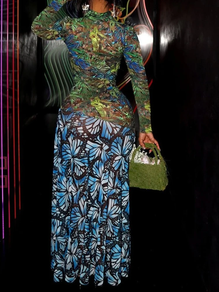 SsTss 2025 nueva moda vestido Maxi estampado mujer Sexy Stand Color manga larga recortado ajustado abertura larga malla Patchwork vestido de fiesta