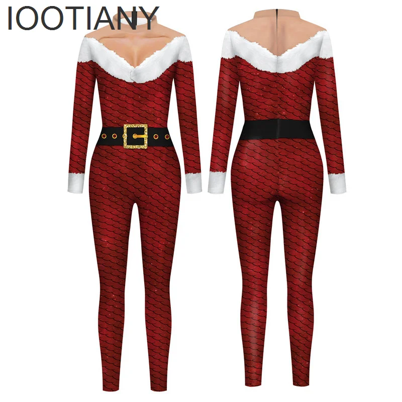 

IOOTIANY Women Christmas Belt 3D Print Cosplay Costume Sexy Jumpsuit Bodysuit Adult Carnival Party Clothing monos mujer Xmas