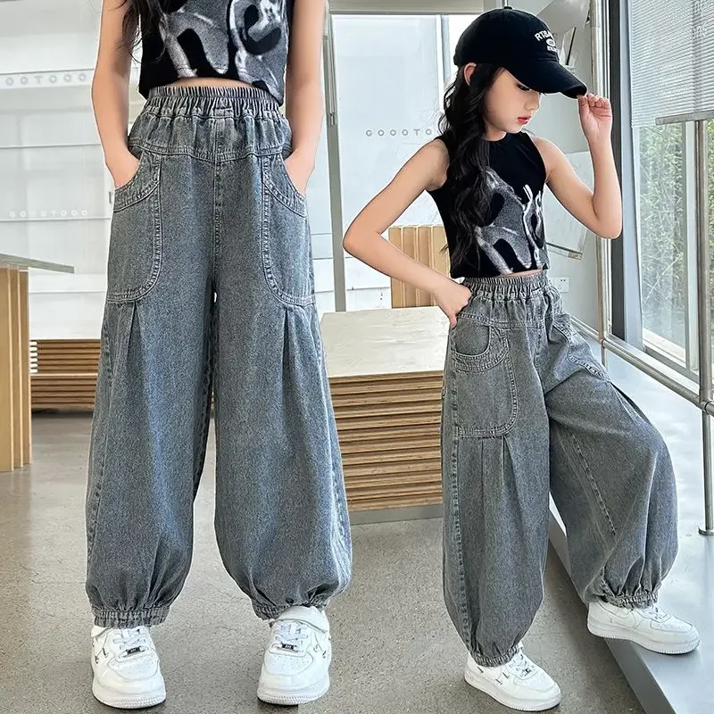 

2025 New Girls' Loose Thin Denim Shorts with Tapered Legs, Summer Casual Bloomer-Style Jeans for Kids 8-14 Years, Pre-Teen Pants