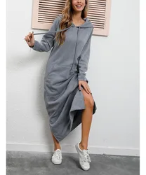 Women Dresses Autumn Winter Hoodies Hooded Big Pocket Sweaters Dress Long Sleeved Casual Loose Elegant Office Lady Vestidos