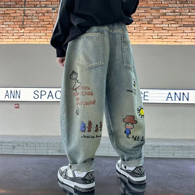 Spring Autumn New Childrens Boys Graffiti Jeans Cartoon Printed Stretch Loose Versatile Baby Boys Pants Kids Boys Denim Pants