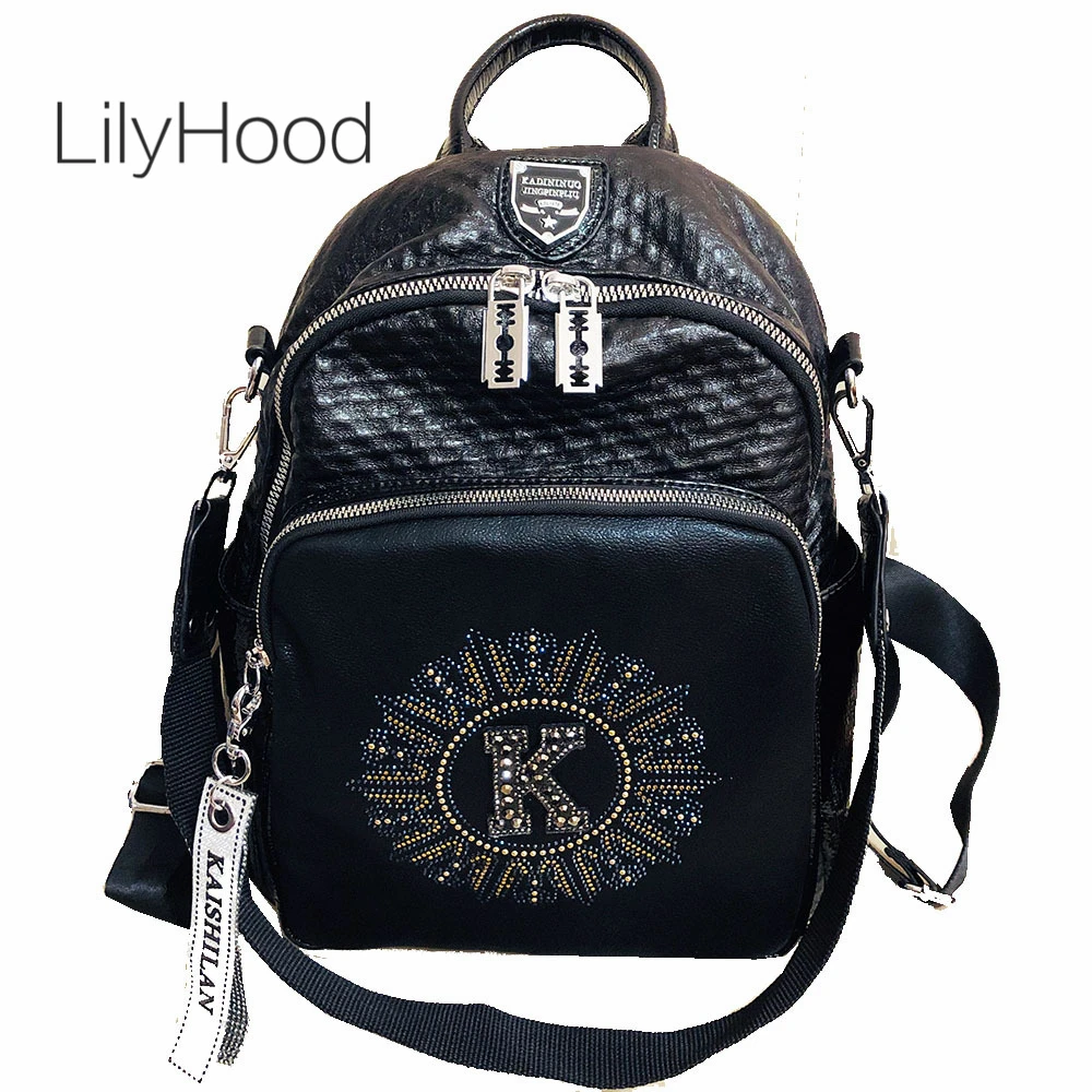 

High Quality Women Fashion Artificial Leather Rhinestone Roomy Backpack Female Travel Big Capacity Everyday Black Daypack Bag