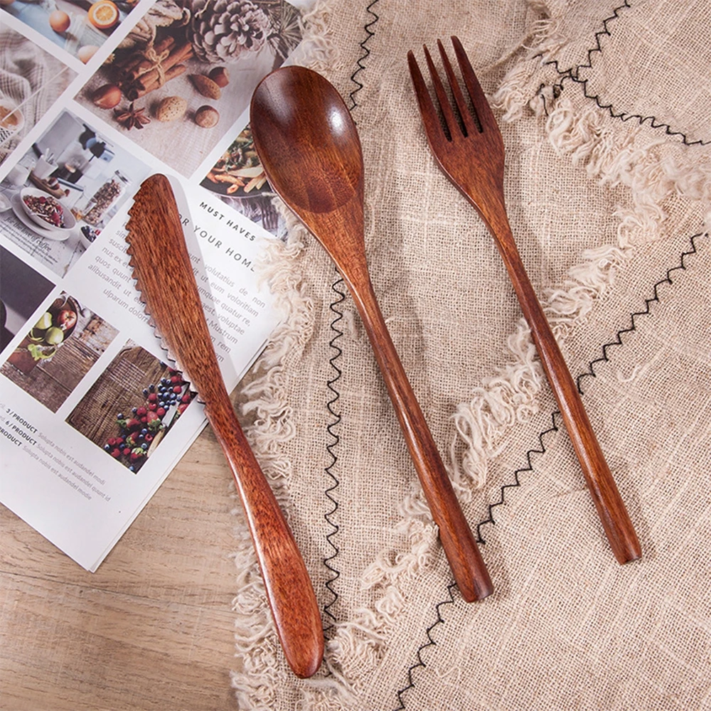 Wooden Spoon Fork Knife Chopsticks Cutlery Set Reusable Flatware Kitchen Tableware Utensil Household Office Camping Traveling