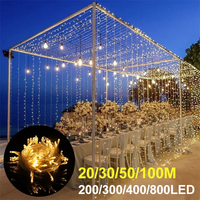 ไฟราว800LED 100ม. สำหรับของตกแต่งงานแต่งงาน8โหมดม่านนางฟ้าหน้าต่างไฟตกแต่ง dinding kamar tidur บ้านงานเลี้ยง