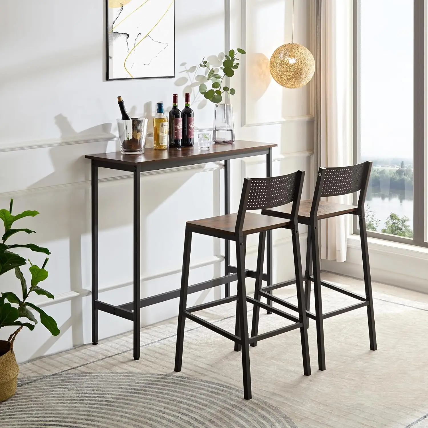 3 Piece Dining Table Set Industrial Small Bar Table And Chairs Set For 2, Metal Base Kitchen Counter Height Dining Table Set