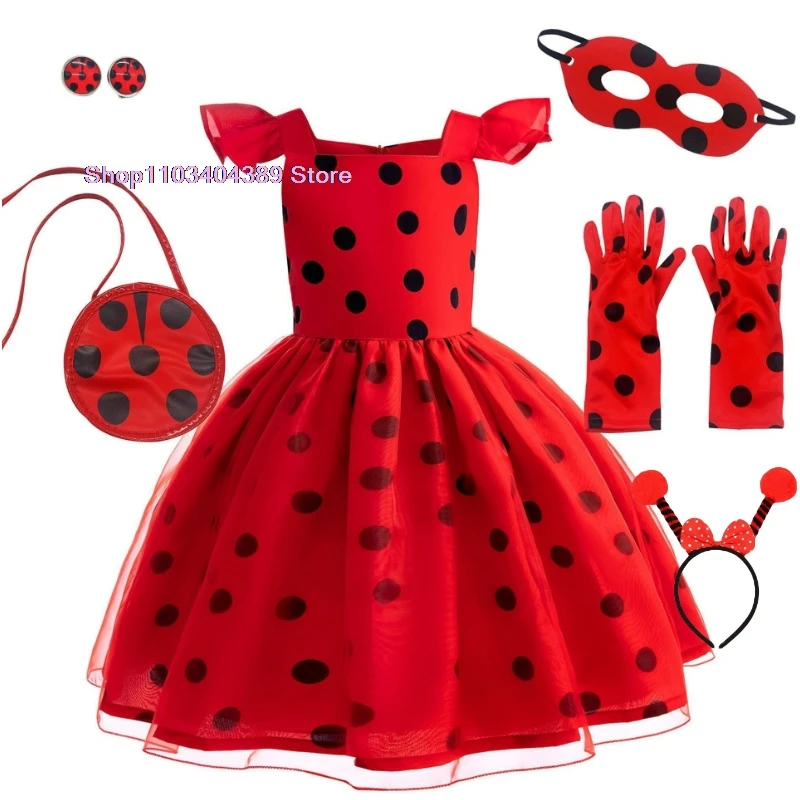 Christmas Child Bug Costume for Girls-Red Dress Halloween Mask Bag Easter Marinette Cosplay Costumes Party Little Beetle Suits