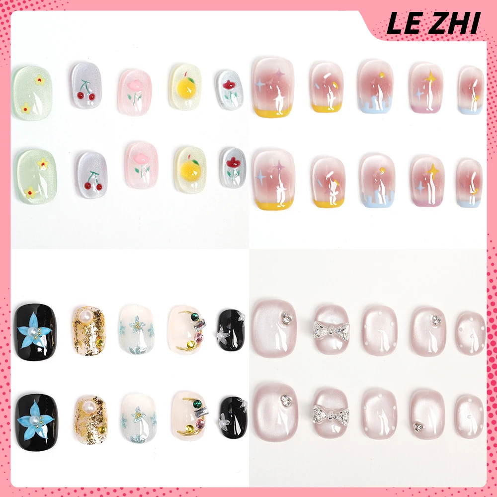 

10Pcs Sweet Lovely Handmade Short Full Cover Fake Nail Kawaii Flash Cat Eyes Diamond Flowers Gradients Wearable False Nails