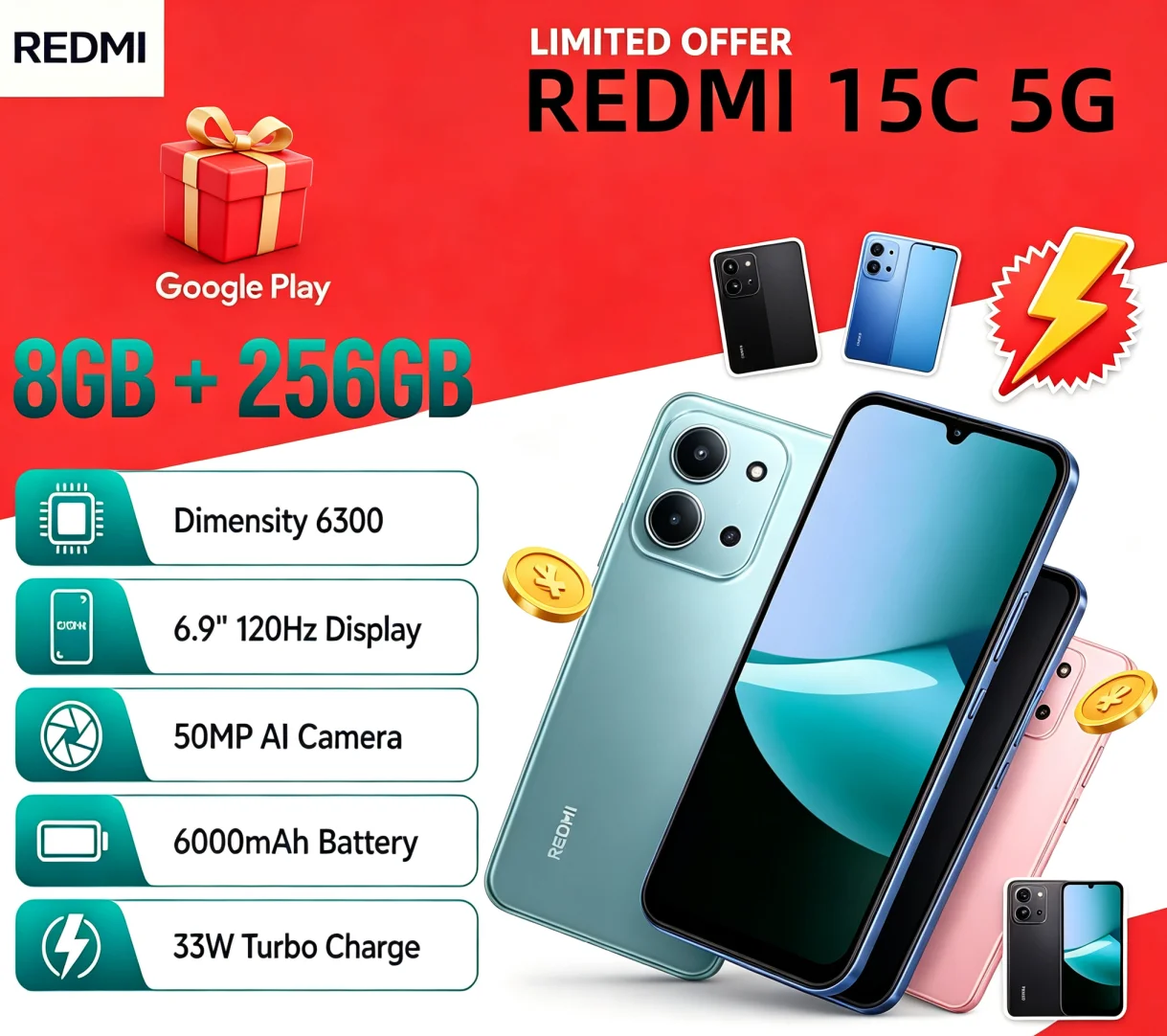 Top‑Rated 2026 Redmi 15C Great‑Value Unlocked Smartphone 8GB RAM 256GB ROM Dual‑SIM Dual Standby Global Version Reliable