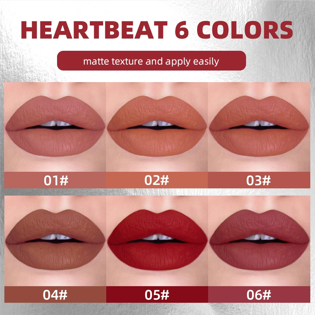 QIBEST lápiz labial mate barras de labios desnudas de larga duración Velve rojo teñido impermeable labio mancha lápiz labial bálsamo maquillaje 6 colores para mujeres