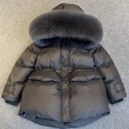 Winter New Down Jacket Real Fox Fur Children Coat Thicken Warm Kids  Black Long Parkas