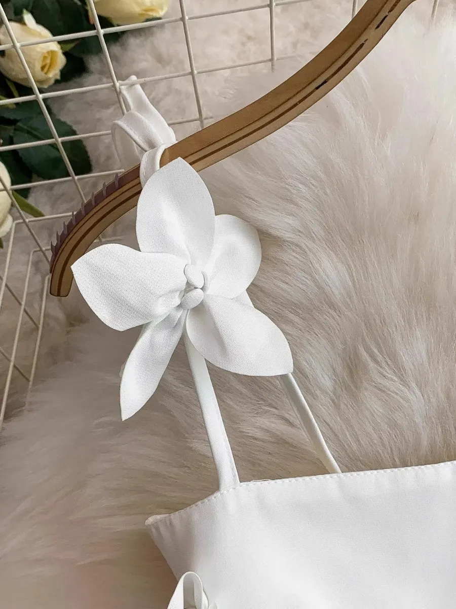 Foamlina White Chic 3D Floral Cropped Sexy Halter Top Camis & High Waist Satin Skirt Set Vacation 2 Piece Outfit for Women