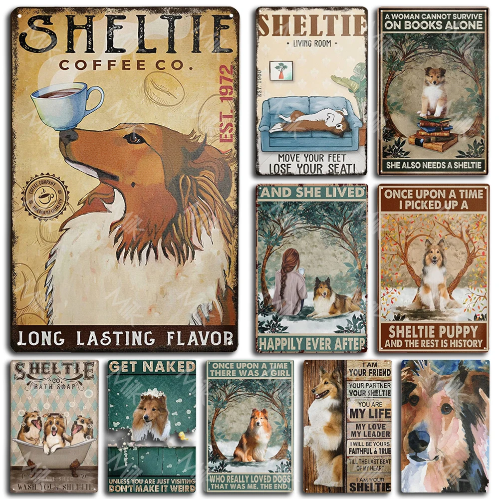 Sheltie Dog Sign Boston Terrier Dog Tin Sign for Coffee Shop Pet Shop Restaurant Dessert Shop Pub Club Garage Metal Decoration