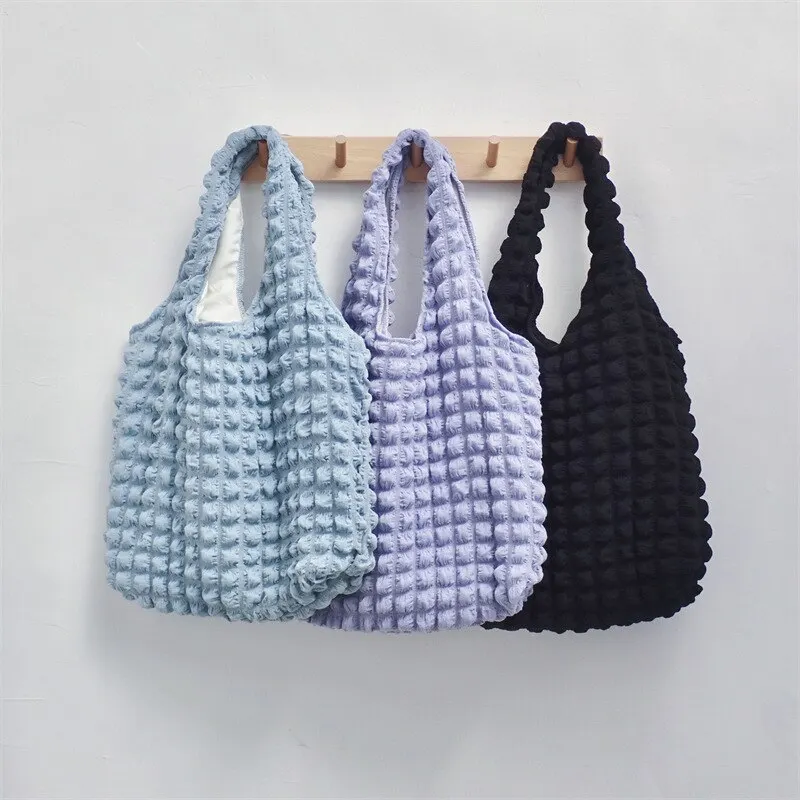 Bolso de hombro plisado de nube de burbujas para mujer, bolso de tela suave, bolso informal, bolso de compras de lona ligero, bolso para libros
