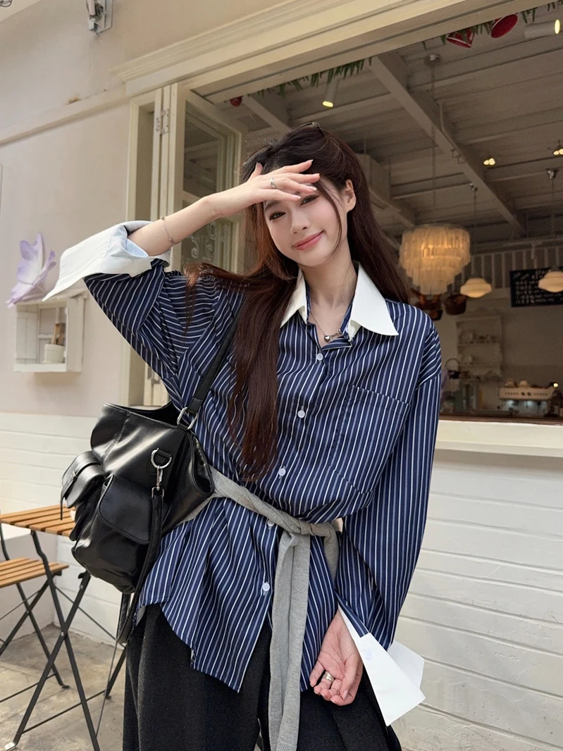 

Elegant Advanced Patchwork Stripe Loose Midi Shirt Women Spring 2026 New Long Sleeve Turn-down Collar Vintage Top