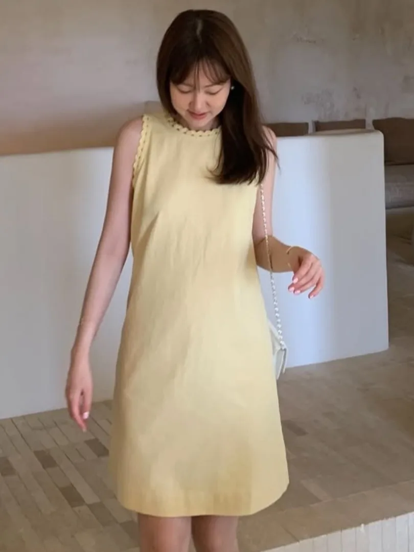 Vacation Style Spliced Hollow out Lace Trim Vest Dress Women's Summer New Short Skirt Decorative Women's Vest Dress