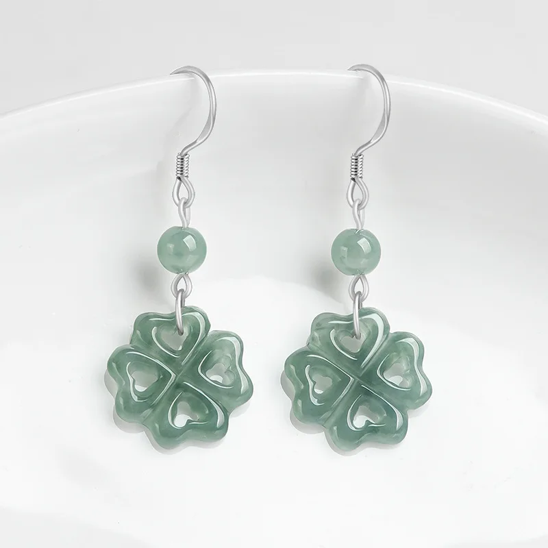 

Blue Burmese Jadeite Clover Earrings Accessories Amulet Carved Fashion Designer Natural Jewelry 925 Silver Real Myanmar Jade