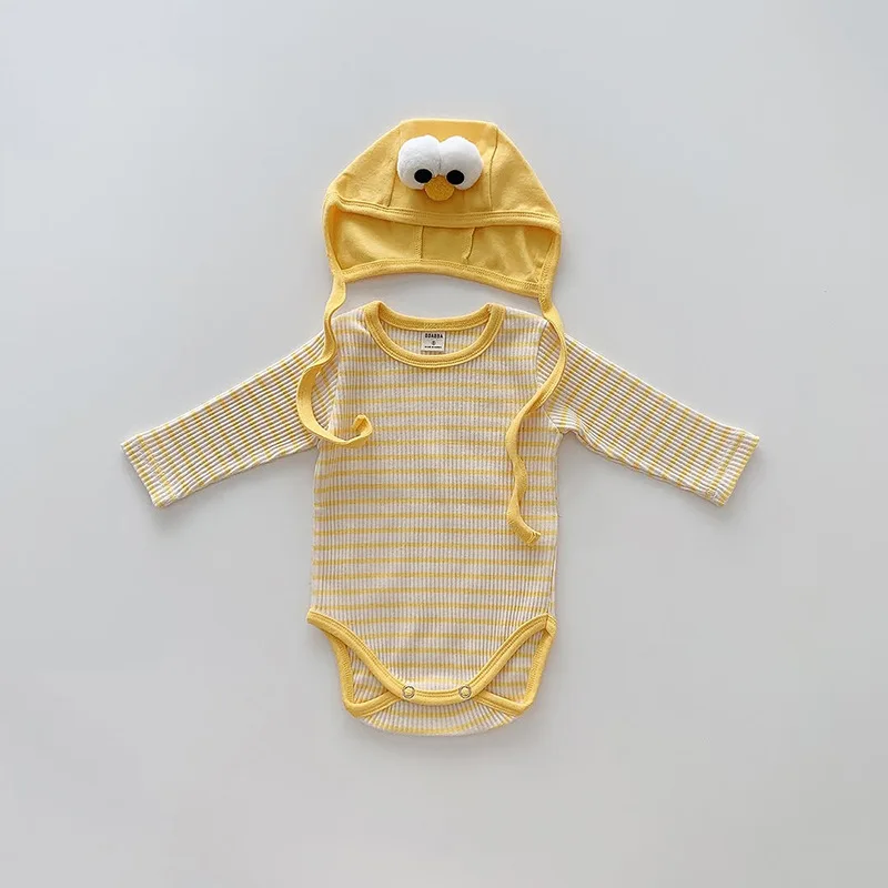 2026 Spring New Baby Long Sleeve Bodysuit + Hat Cotton Infant Boy Girl Fashion Striped Casual Jumpsuit Newborn Clothes 0-24M