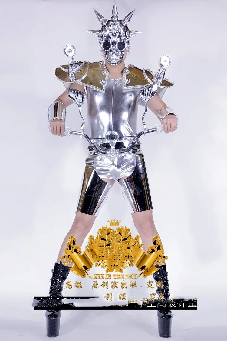 

Nightclub DS men's motorcycle LED light head mechanical mirror space costume party dance team uniform