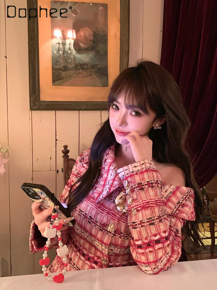 Korean Sweet Celebrity Temperament Off Shoulder Lapel Jacket Fashion Commuter Splicing Color Single-breasted Short Tweed Jackets