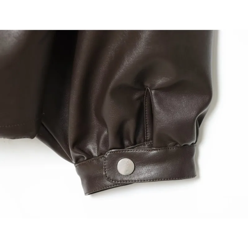 سترة جلدية نسائية موضة النمط الأوروبي بياقة عالية وأكمام طويلة معاطف نسائية مطوية قطع علوية أنيقة #6