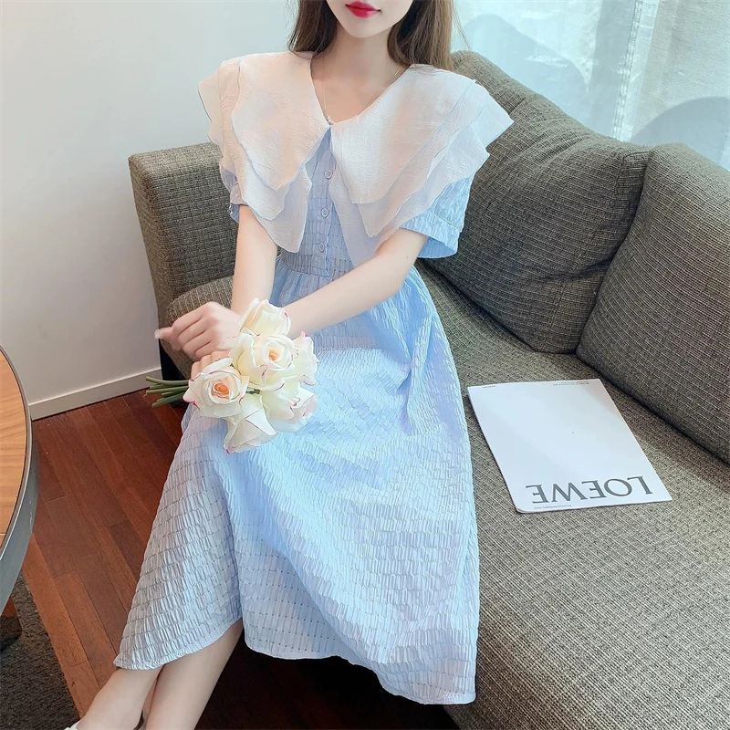 

Women's Dress Bubble Short Sleeved Doll Neck Dresses Ruffle Edge High Waist Long Dresses Solid Color Sweet Casual Summer 2024