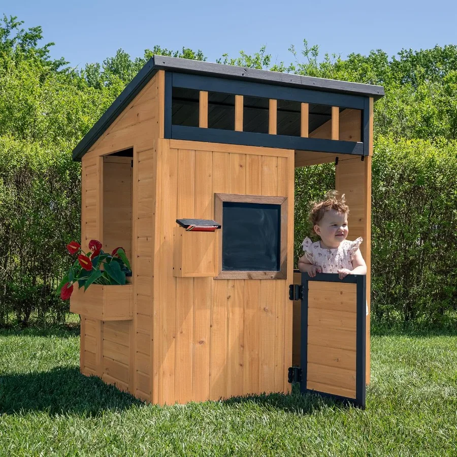 

Wooden Kids Playhouse with Play Kitchen, Chalkboard, Mailbox, Half Door, Windows, Flower Box, Modern Farmhouse Design for Out