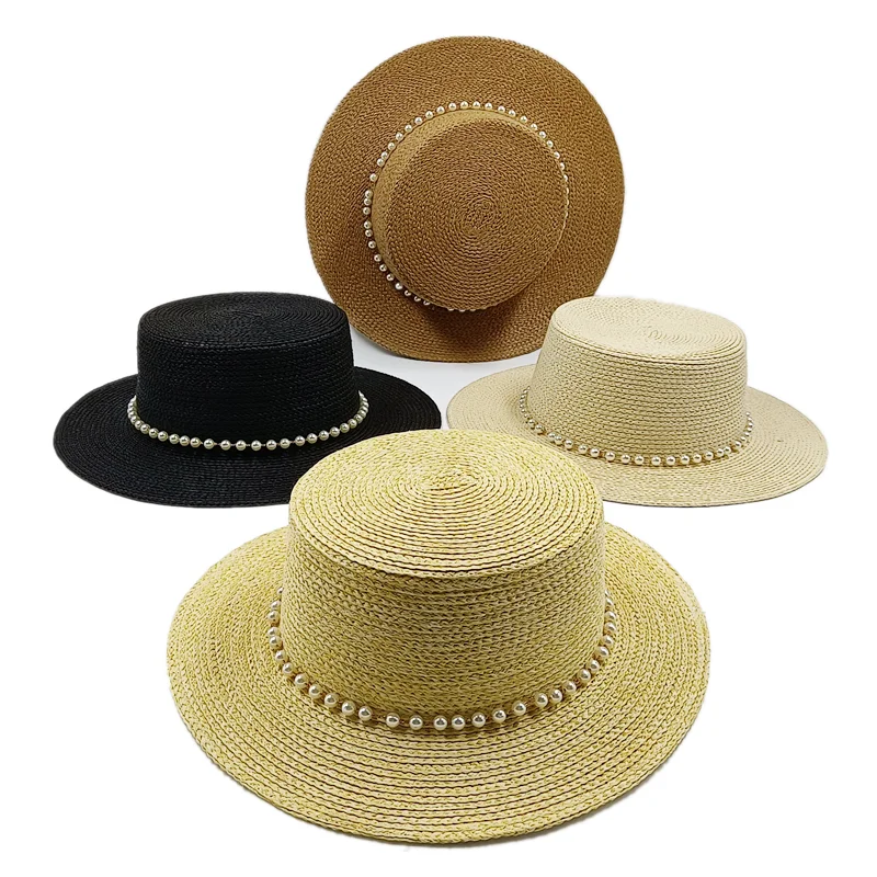 Pearl raffia flat top hat French elegant retro Hepburn summer women's hat beach vacation sun hat Panama