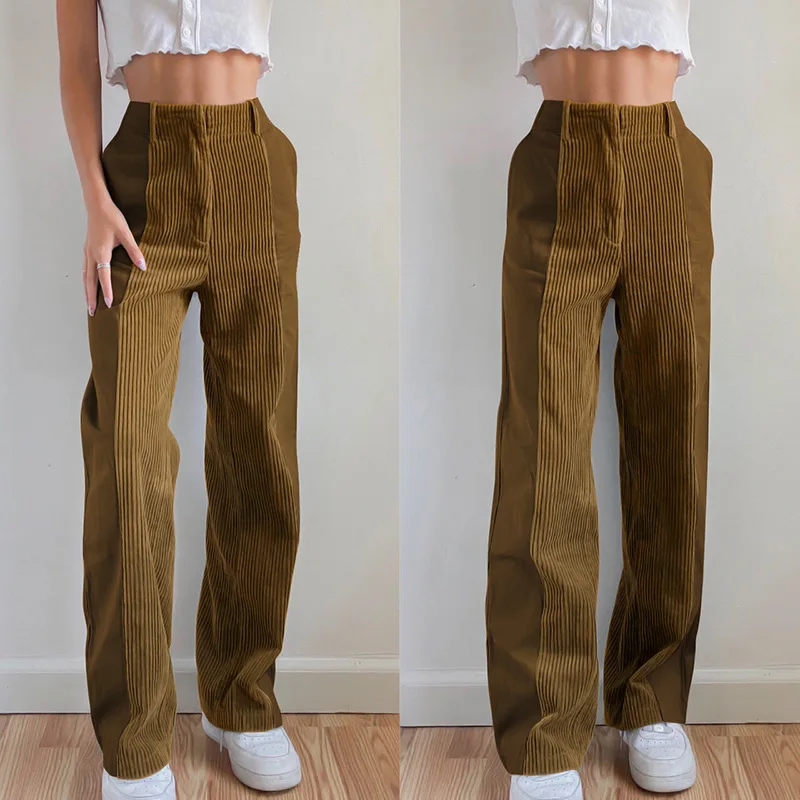 

New Women's Clothing Fashion Streetwear Women Corduroy Trousers Stitching Contrast Color Casual Pants for Woman Green Pink Brown