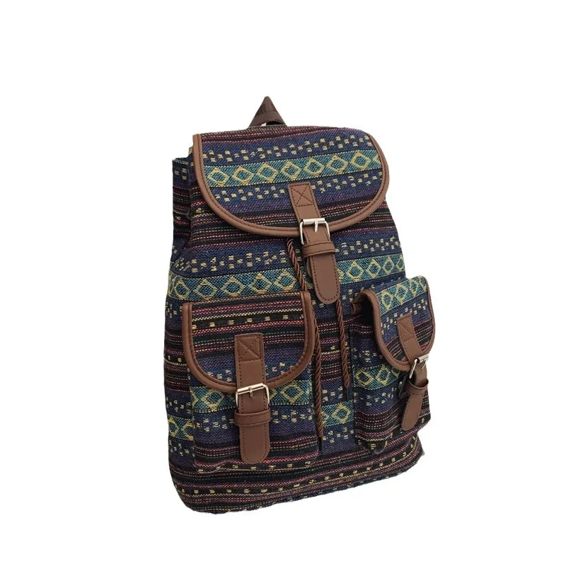 2024 New Female Ethnic Style Backpack Casual Plaid Drawstring Retro Women Large Capacity School Bag Drawstring Bucket Bag