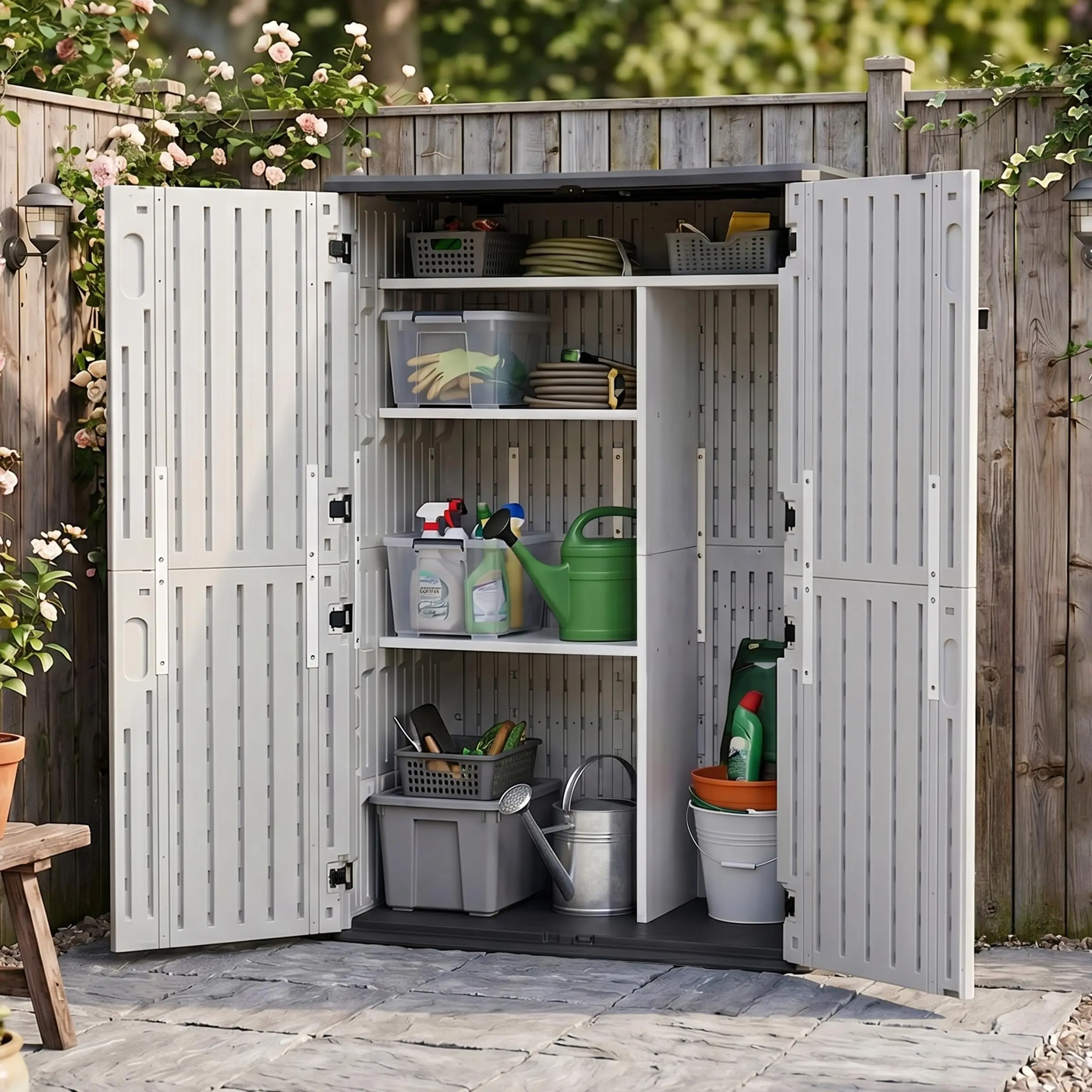 64 Cu.Ft Outdoor Storage Cabinet with 5pc Shelves, Grayish White
