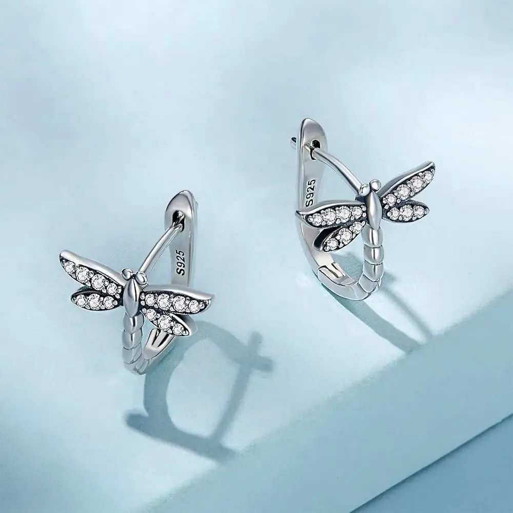 

S925 Sterling Silver Earrings for Ladies Holiday Simple Fashion Dragonfly Vintage Insect Clip Earrings