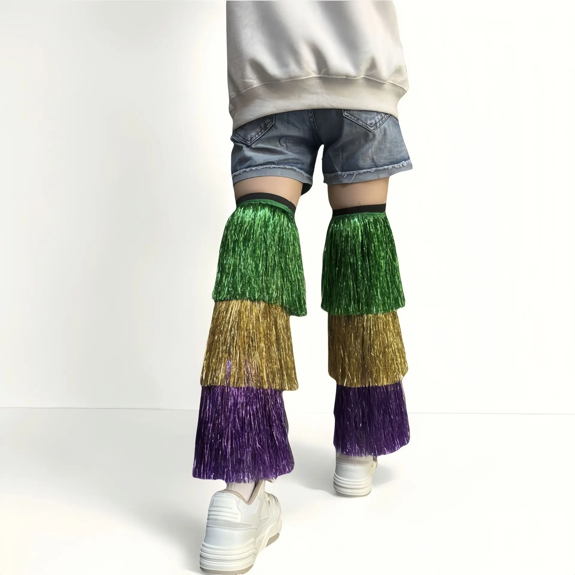 Aquecedores de pernas de carnaval para homens e mulheres, borlas metálicas, mangas de contraste, acessórios de fantasia para festa, clube, palco