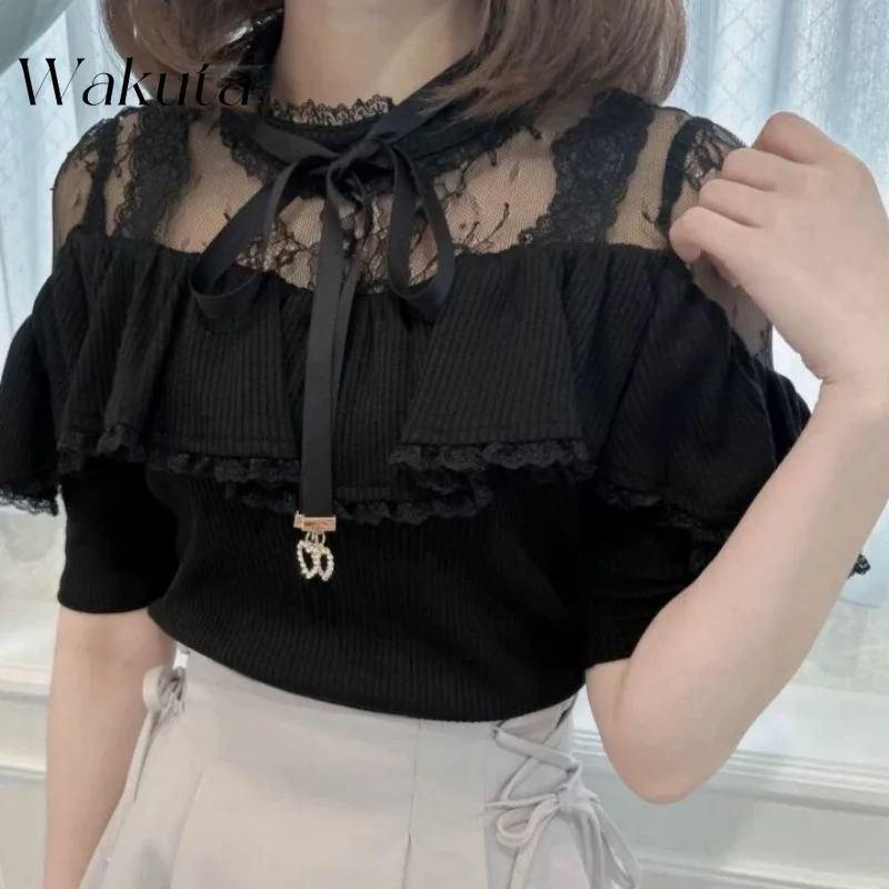 WAKUTA Japan and South Korea Classic Round Neck Long-sleeved Lace Splicing Strapless Fake Two-piece Sweet Knit Sweaters 여성 반팔 니트