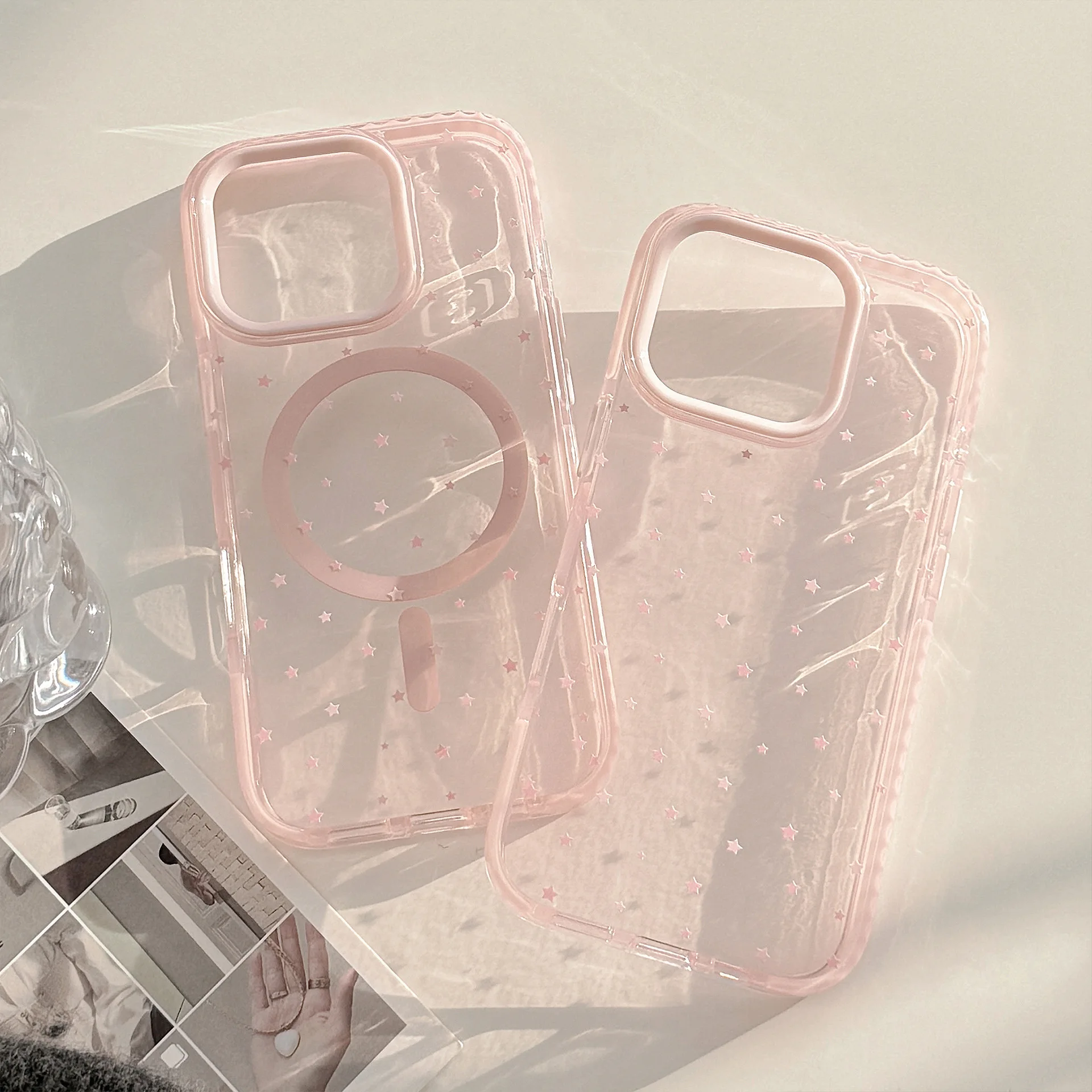 Korean Style Full Screen Pink Stars Transparent Magnetic Wireless Charging Phone Cover Case for iPhone 17 16 15 14 13 12 Pro Max - view 2