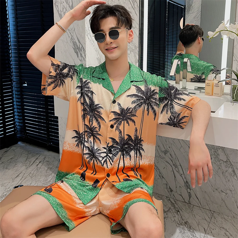 QSROCIO Summer Men's Pajamas Set Fashion Tropical Beach Print Sleepwear Silky Touch Homewear Nightie Vacation Wear Set for Man