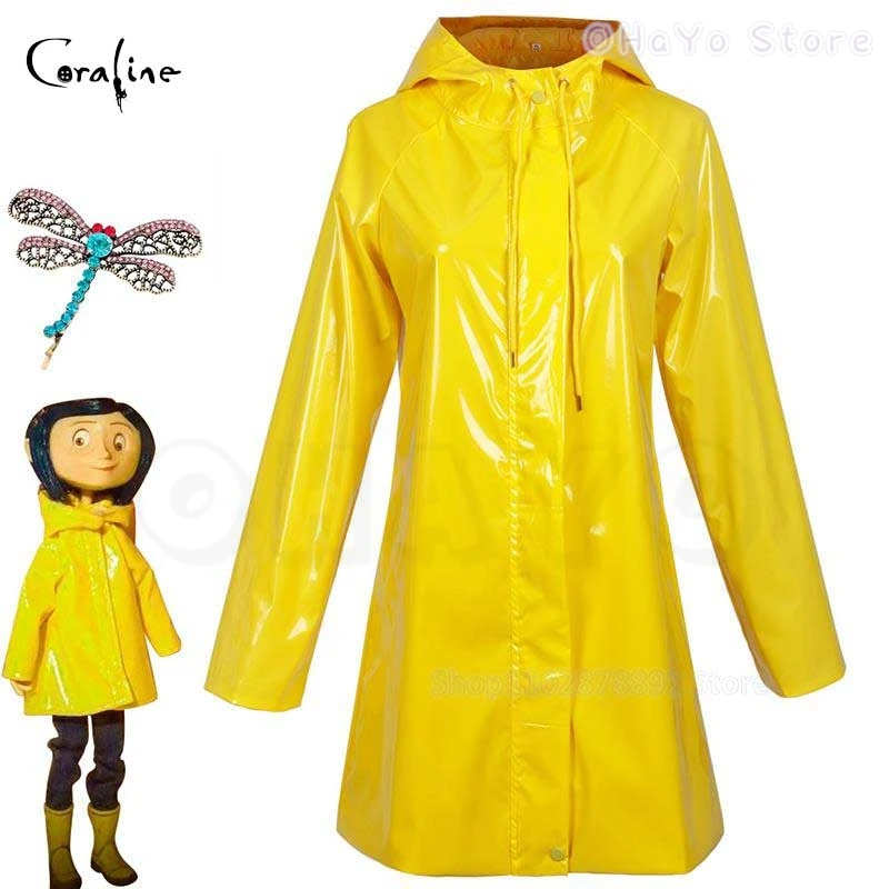 Horror Movies Coraline Cosplay The Key Props Costume Wig Yellow Coat Secret Door Button Glasses Halloween Scary Roleplay