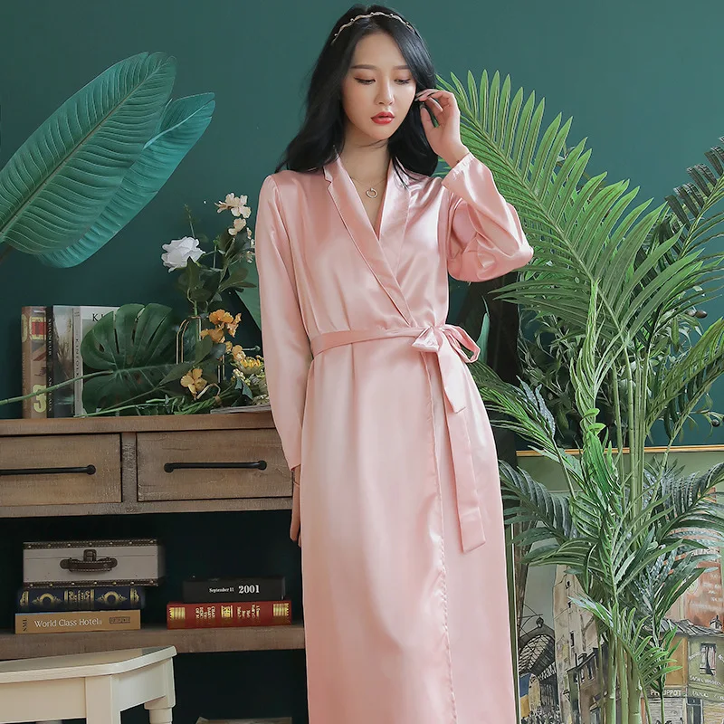 Female Home Dressing Gown Ultra Long Kimono Bathrobe Gown Solid Satin Homewear Women Sexy Sleepwear Bath Gown Loungewear